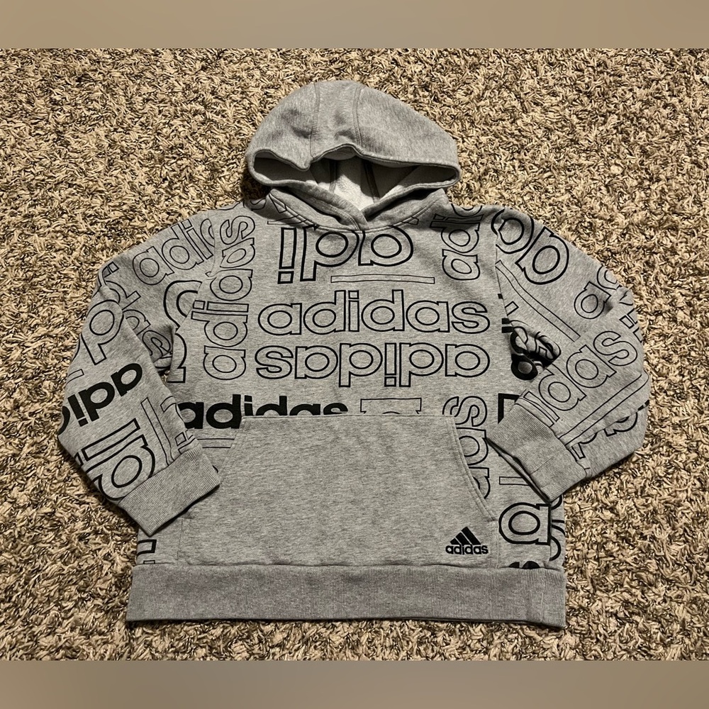 Adidas Grey Pullover Hoodie All-Over Logo Print Boys M 10/12
